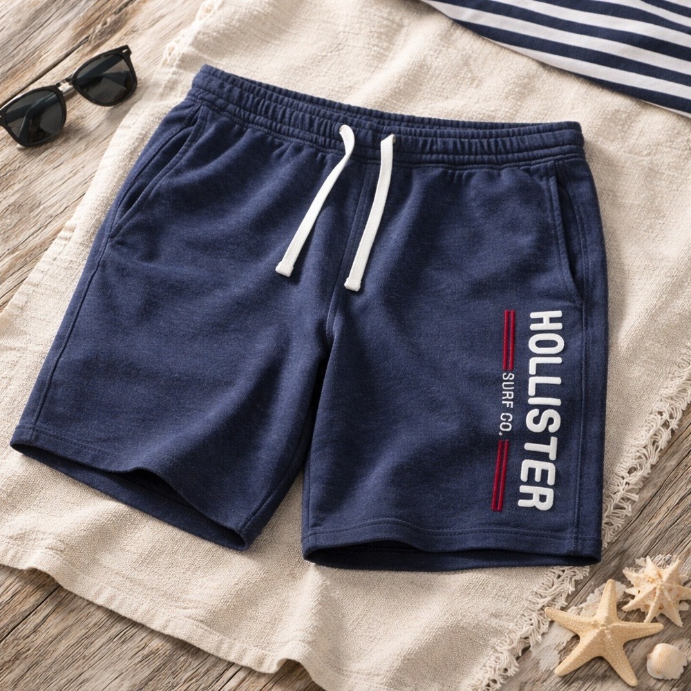 Hollister 32W Mens Navy Blue Sweat Shorts Surf Co Logo Raw Hem Size Small